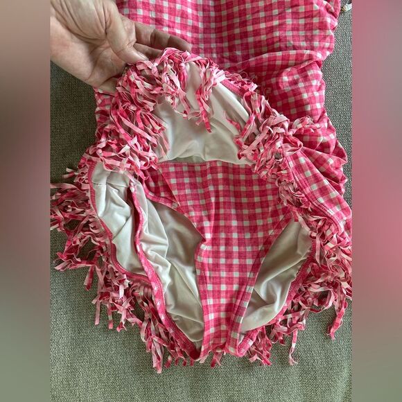 Coco Rave Multi Way Halter or Strapless Fringe One Piece Pink Gingham Swim Dress - Picture 5 of 6